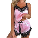 Striped V-Neck Lace Pajama Shorts Set