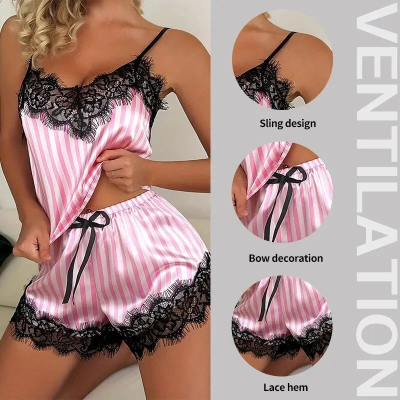 Striped V-Neck Lace Pajama Shorts Set