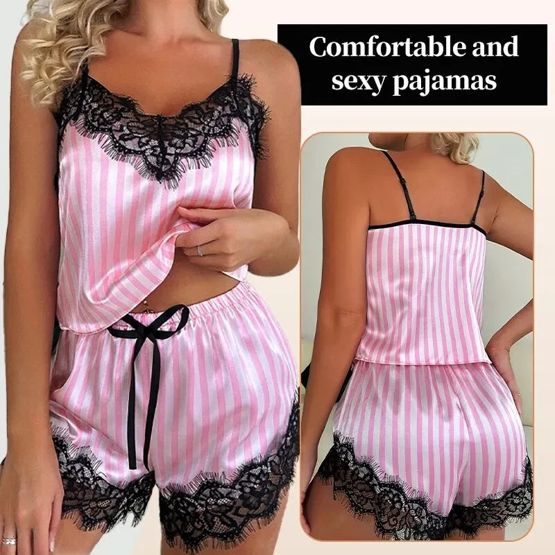Striped V-Neck Lace Pajama Shorts Set