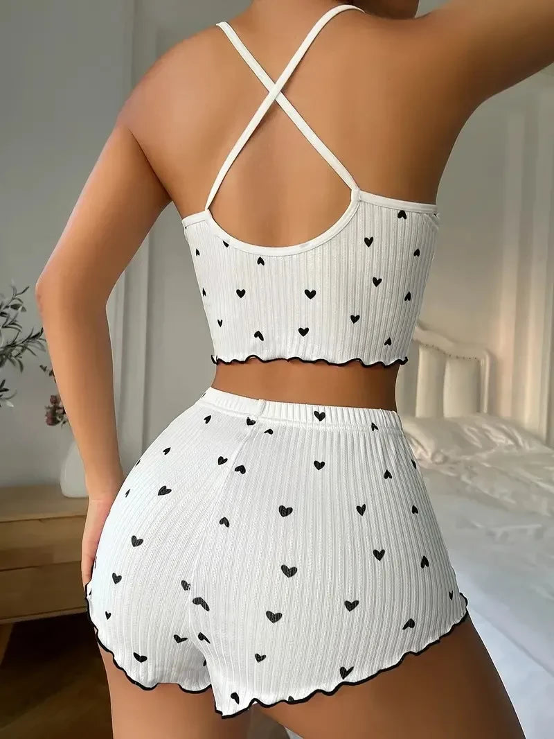 Heart Print Satin Pajama Set