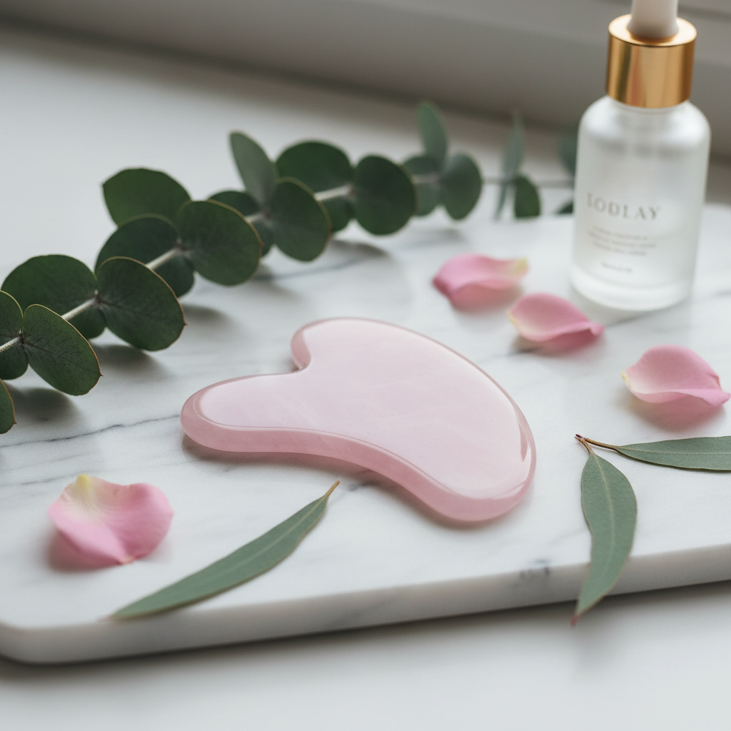 Rose quartz gua sha facial tool on marble surface with eucalyptus and rose petals