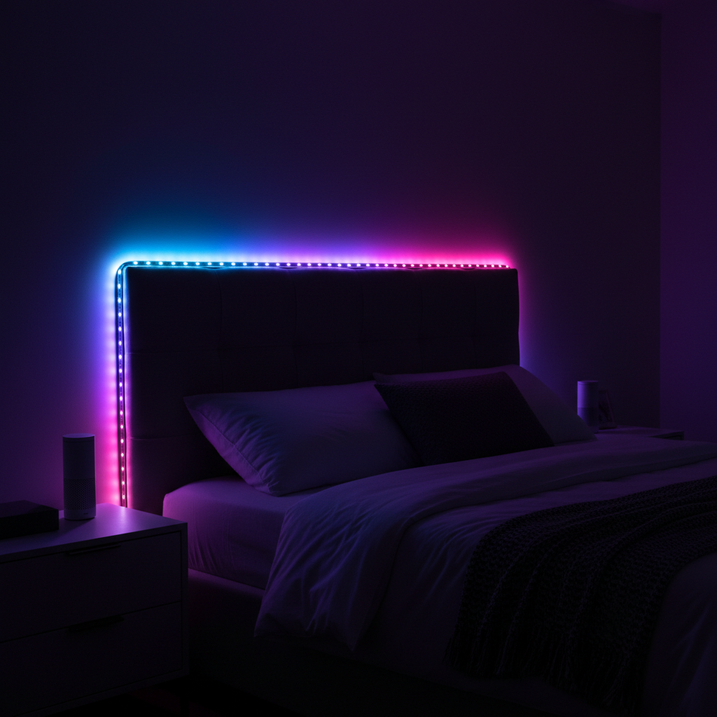Colorful RGB LED strip lights in purple, blue and pink behind a bedroom headboard with neon glow