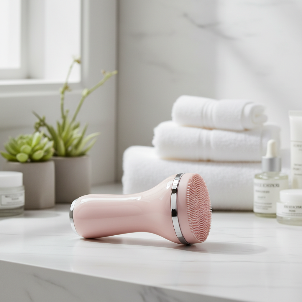 Blush pink electric facial cleansing brush on white marble surface with plants