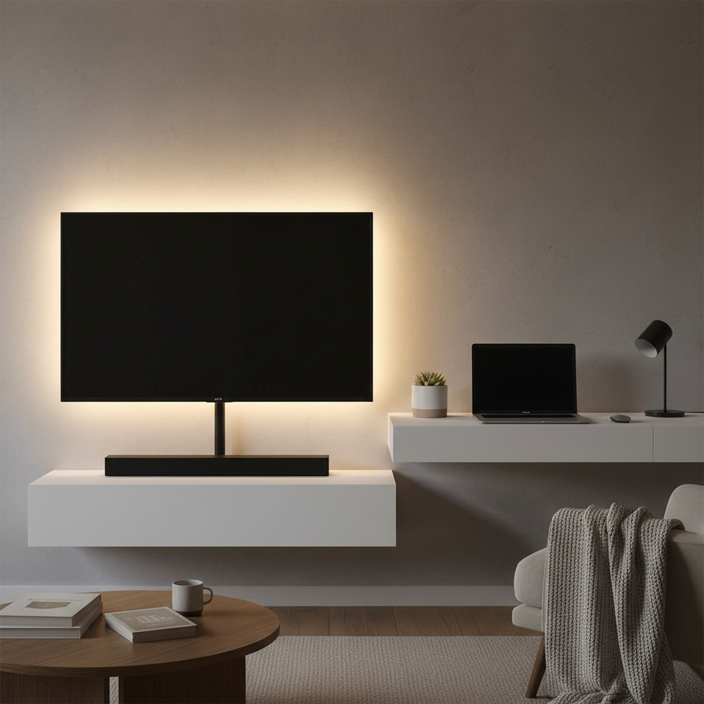 Smart LED strip lights glowing warm white behind a modern TV and desk setup in a cozy room