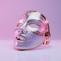 LED light therapy face mask in white and gold on clean white surface with purple ambient lighting