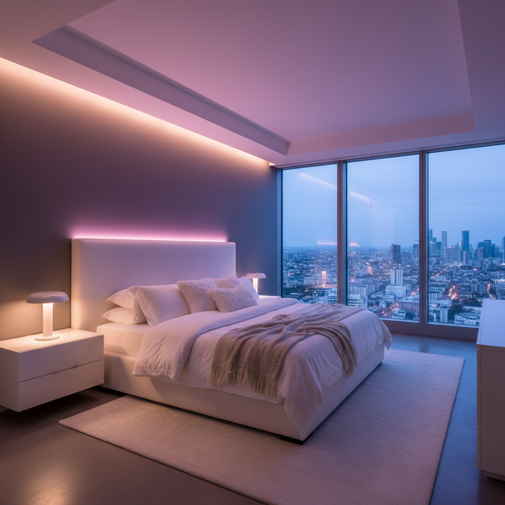 Luxury modern bedroom with soft pink and purple LED strip lights glowing behind headboard and ceiling